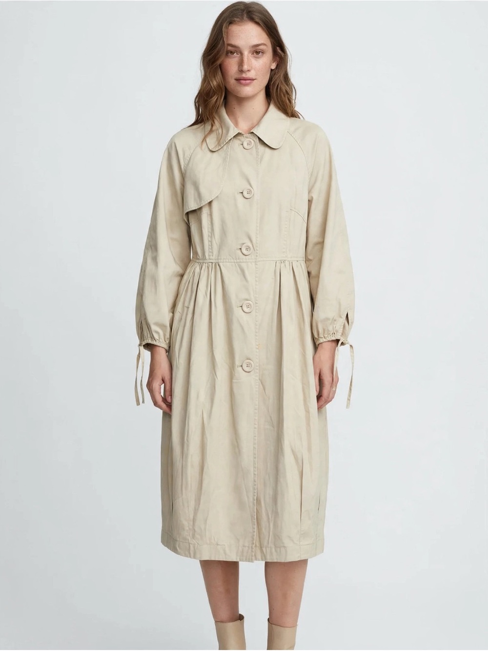 Oasis Beige Trench Coat 16/42 Smocked Empire Waist Balloon Sleeve Tie Cuff